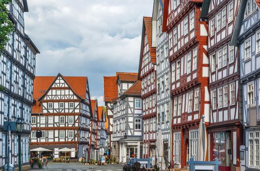 Street with historical half-timbered houses in downtown of Melsungen, Germany