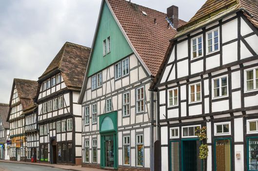 Street with historical half-timbered houses in Hoxter, Germany