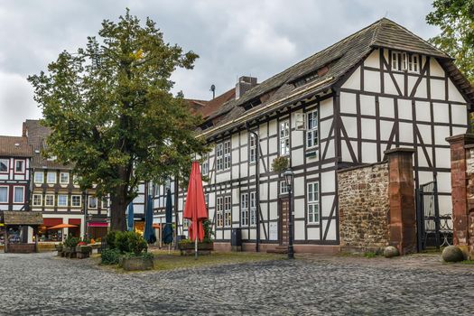 Street with historical half-timbered houses in Einbeck, Germany