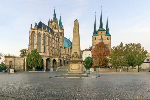 Erfurt Cathedral and Severikirche church, Germany. Both churches tower above the town scape and are accessible via huge open stairs called Domstufen.