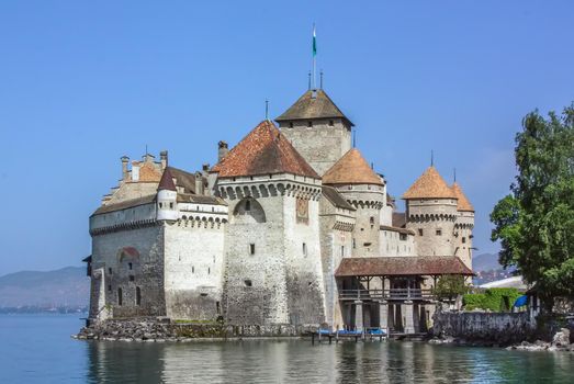 Chillon Castle is an island castle located on Lake Geneva, Switzerland