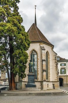 Statue of Zwingli in front of the Wasserkirche church in Zurich, Switzerland