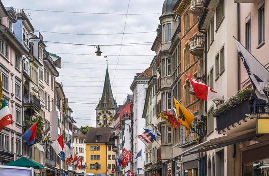 Street with historic houses in Zurich city center, Switzerland