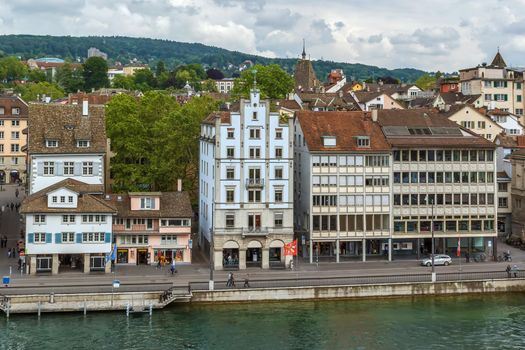 Embankment of Limmat river in Zurich downtown, Switzerland