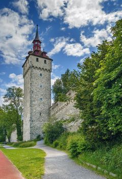 Musegg Wall - the celebrated city walls with their nine towers form part of the historic fortifications built around Lucerne from the 13th century, Switzerland