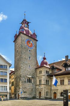 Town Hall clock tower in Lucerne built between 1602 and 1606 by Anton Isenmann in the Italian Renaissance style, Switzerland