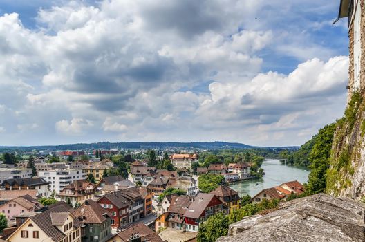 View of Aare river and town Aarburg from Aarburg Castle, Switzerland