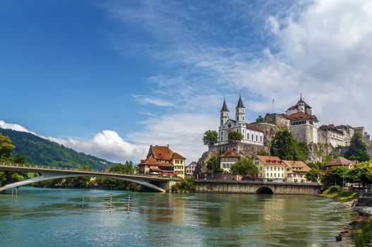 Aarburg Castle located high above the Aarburg on a steep, rocky hillside, Switzerland