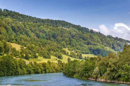 Landscape with Aare river near Aarburg town, Switzerland