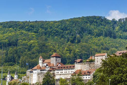 Aarburg Castle located high above the Aarburg town on a steep, rocky hillside, Switzerland