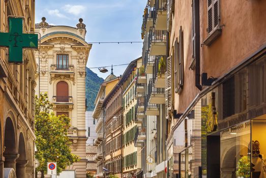 Street with historical houses in Lugano downtown, Switzerland