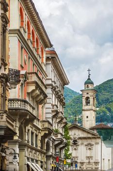 Street with historical houses in Lugano downtown, Switzerland