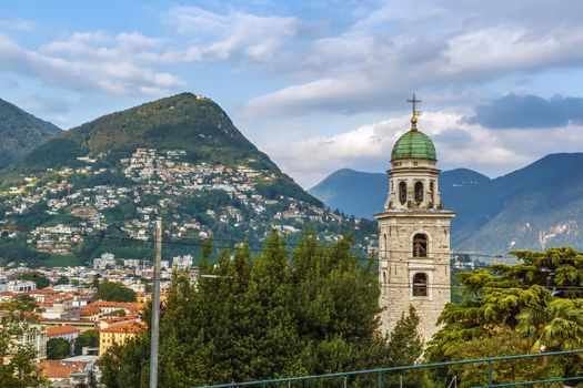 Landscape with tower of Cathedral of S. Lorenzo in Lugano, Switzerland