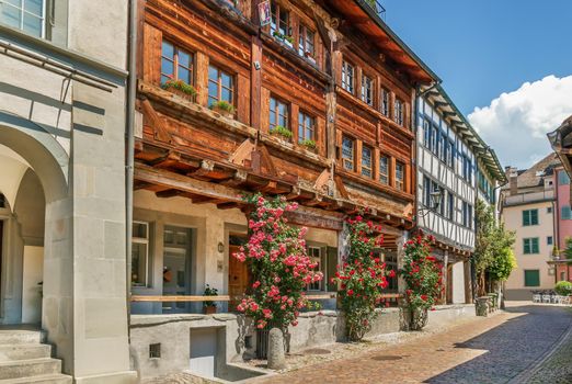 Street in Rapperswil old town with rose, Switzerland