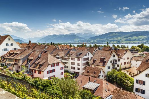 View of Rapperswil and zurich lake from the castle walls, Switzerland