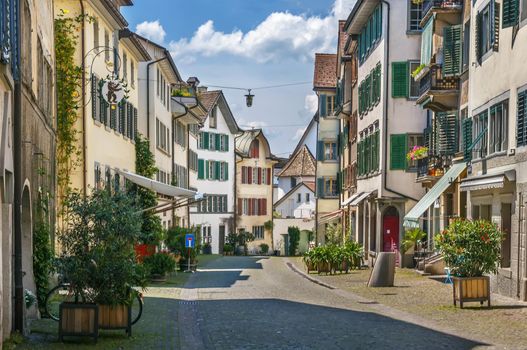 Street with historical houses in Rapperswil old town, Switzerland