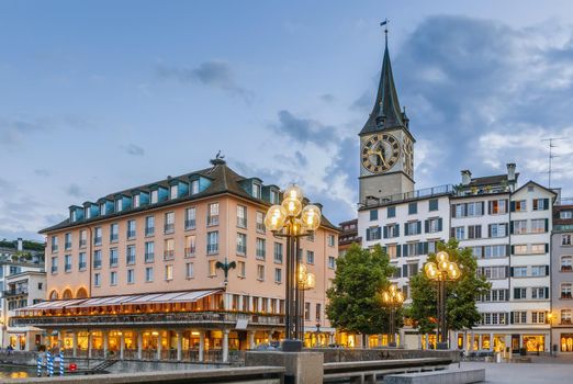 Embankment of Limmat river with historic houses in Zurich center, Zwitzerland