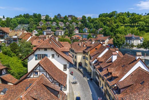 Aerial view of the roofs of historic houses in Bern old town, Switzerland