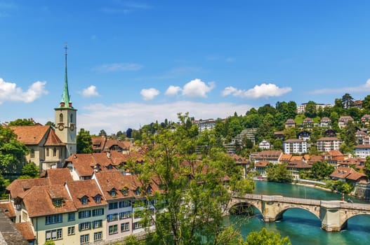 View of Nydeggkirche church and Aare river in  Bern old town, Switzerland