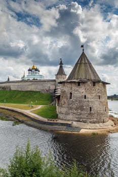 View of Krom (Kremlin) from Pskova river in Pskov, Russia