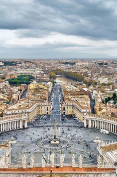 Aerial view of St. Peter Square and Rome from the Dome of St. Peter Basilica, Vatican