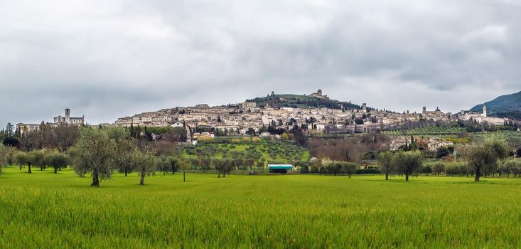 Panoramic view of the Assisi city, located on a hill, Italy