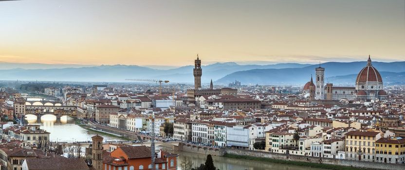 Panoramic view of Florence in sunset from Michelangelo hill, Italy