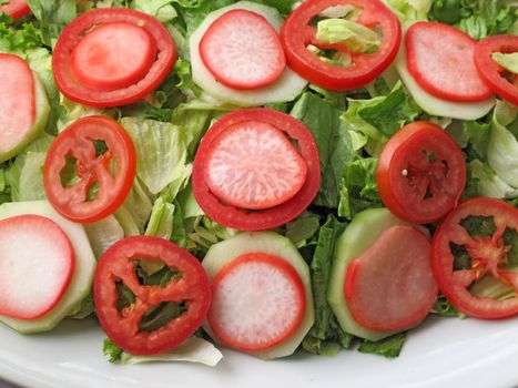 mixed salad with lettuce, tomato and onion closeup