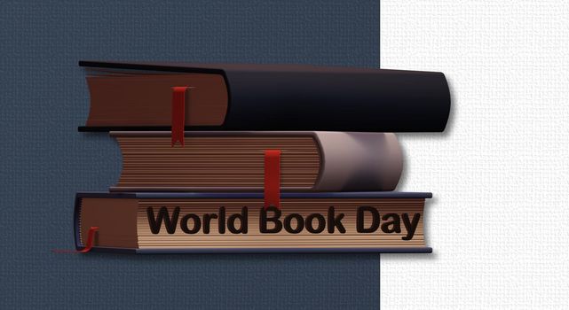 World book day with books on white blue background, text World Day Book. 3D illustration