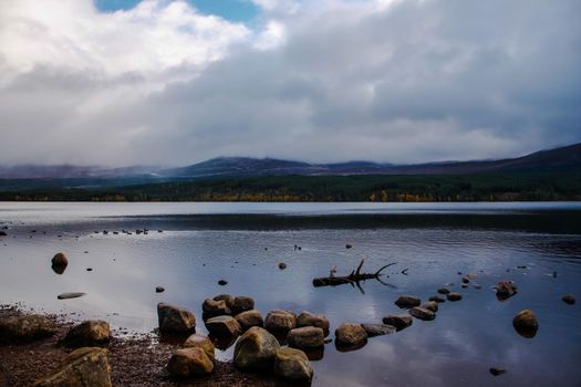 The beautiful Loch Morlich in Scotland, Cairngorm Mountains, United Kingdom