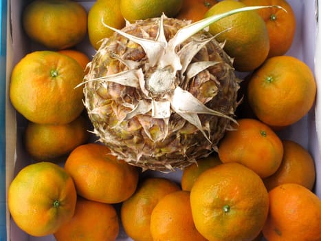 Fresh pineapple & tangerine fruit collection closeup