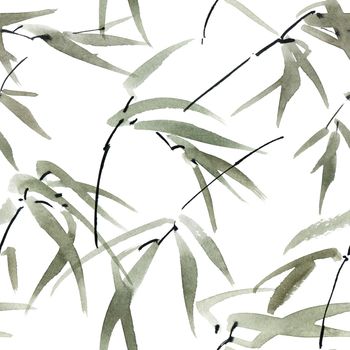 Watercolor illustration of bamboo leaves on white background. Oriental traditional painting, sumi-e. Seamless pattern.