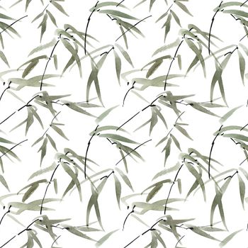 Watercolor illustration of bamboo leaves on white background. Oriental traditional painting, sumi-e. Seamless pattern.