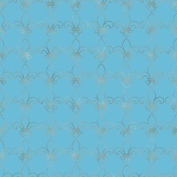 seamless golden lily fleur-de-lis pattern on turquoise blue background. Luxury design, print, poster, wallpaper, gift wrapping. blue seamless background with lily fleur de lis for print fabric or poster 3D illustration