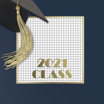 Class of 2021. Congratulations graduates design template with academic cap, gold tassel, text 2021 class over white blue. Illustration