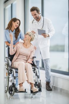 Successful doctor and young nurse talking with their senior female wheelchair-bound patient.