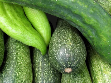 fresh trays of zucchinis and cucumber vegetable collection