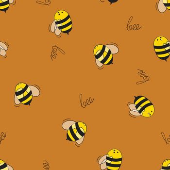 Seamless pattern with bees on color background. Small wasp. Vector illustration. Adorable cartoon character. Template design for invitation, cards, textile, fabric. Doodle style.