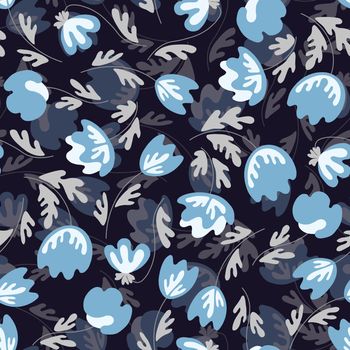 Seamless floral pattern based on traditional folk art ornaments. Modern flowers on color background. Scandinavian style. Sweden nordic style. Vector illustration. Simple minimalistic pattern.