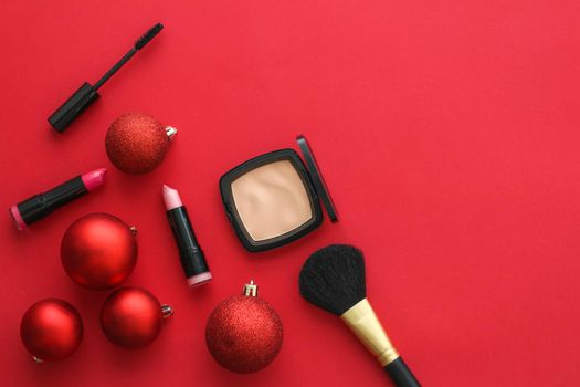 Cosmetic branding, fashion blog cover and girly glamour concept - Make-up and cosmetics product set for beauty brand Christmas sale promotion, luxury red flatlay background as holiday design