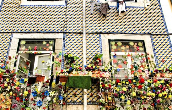 Old and colorful typical tiled in Lisbon in spring