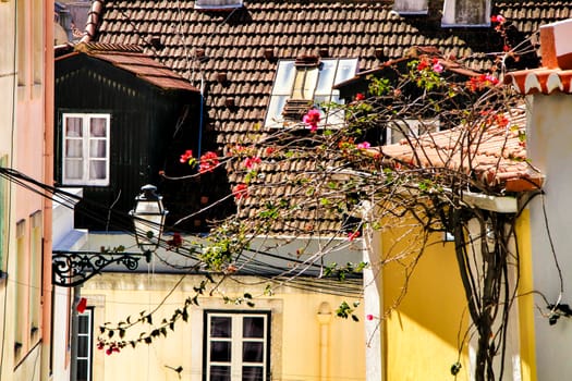 Narrow and colorful streets, majestic facades, windows and balconies of Lisbon, Portugal