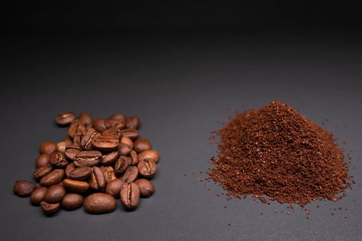 pile of ground or instant coffee and roasted coffee beans seeds. background.