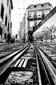 Elevator da Gloria rails in Lisbon in spring