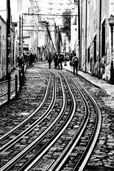 Elevator da Gloria rails in Lisbon in spring