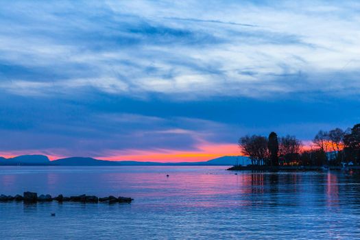 tunning view of lake Leman in Lausanne at dusk, Canton of Vaud, Switzerland