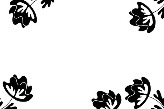 Floral frame based on traditional folk art ornaments. Black and white background. Ornate border with flowers. Vector illustration for wallpaper, posters, card. Scandinavian style. Copy space.