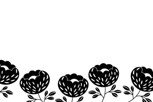 Floral frame based on traditional folk art ornaments. Black and white background. Ornate border with flowers. Vector illustration for wallpaper, posters, card. Scandinavian style. Copy space.