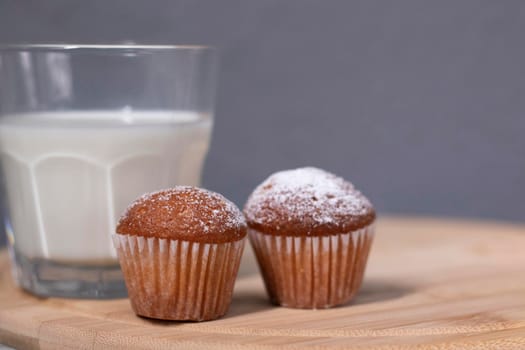 two little cupcakes or muffins in powdered sugar near a glass of milk. healthy breakfast. snack or lunch.