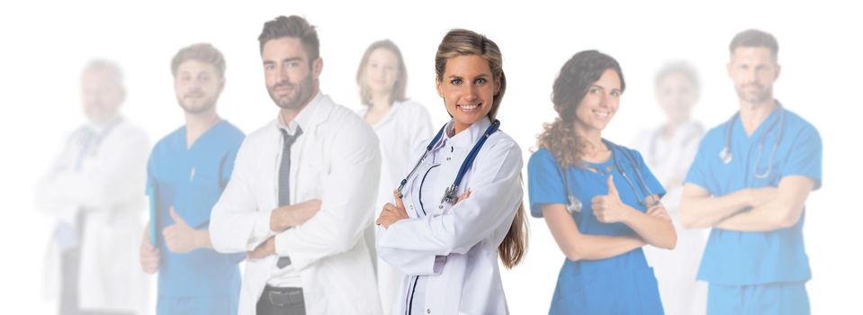 Team portrait of medical workers, doctors, nurses isolated on white background